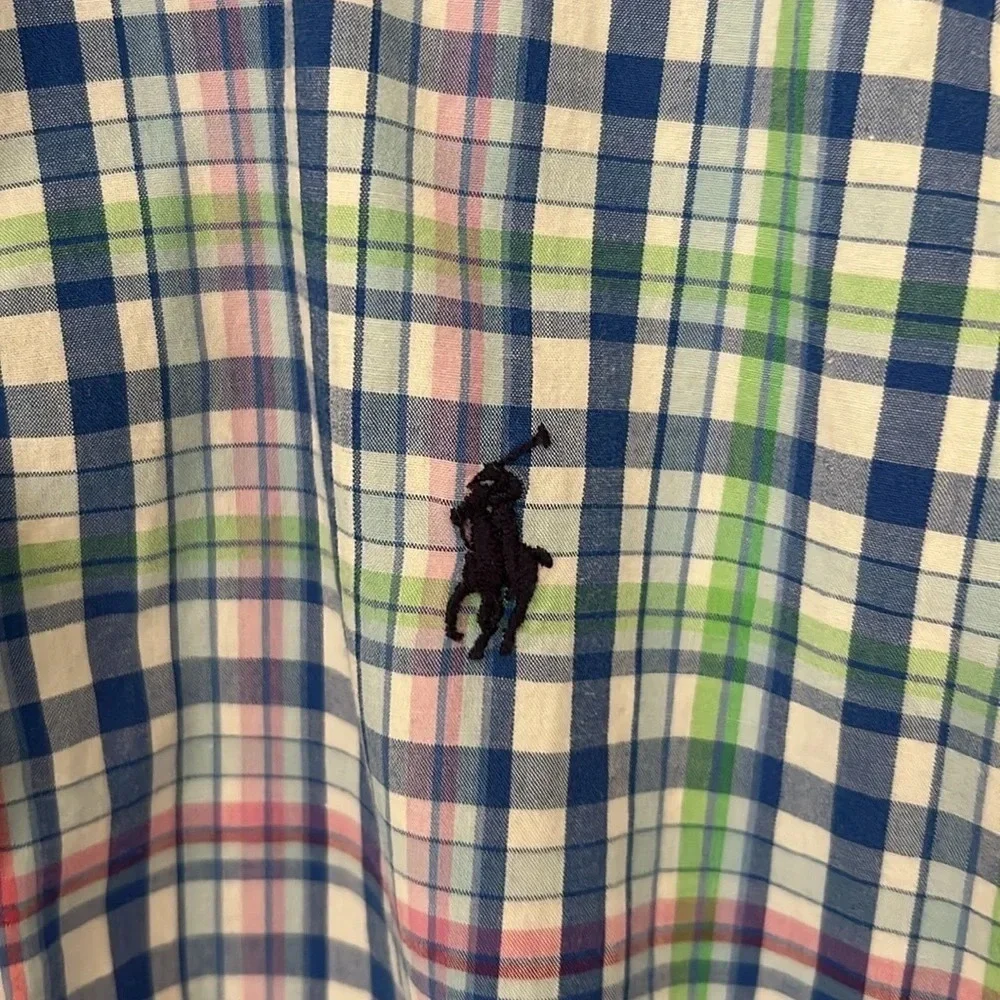 Ralph Lauren blue plaid button-down shirt size medium 10-12 short sleeve